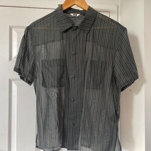 Uniqlo Gray Green Striped Lightweight Short Sleeve Cotton Button Down Sz Med